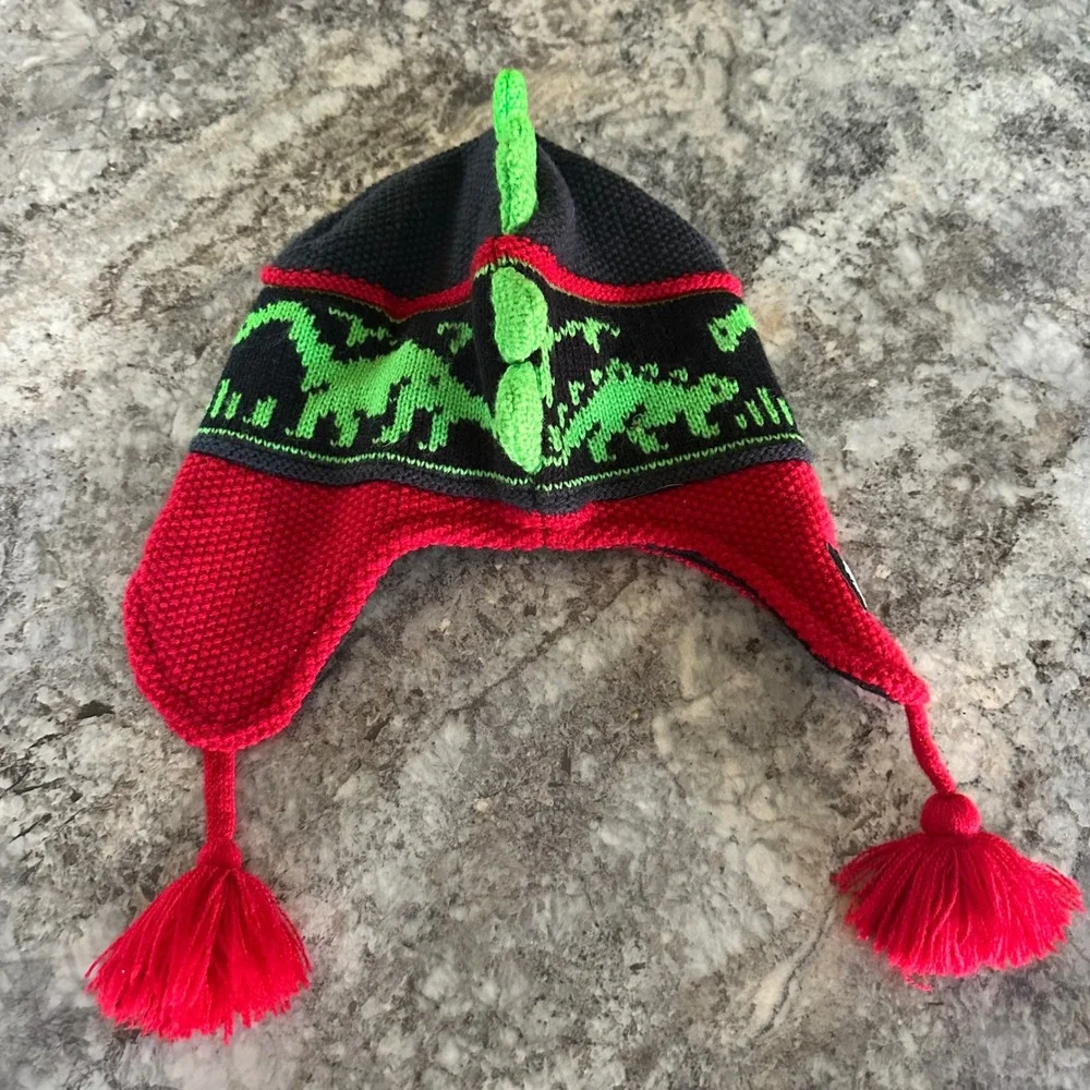 Turtle Fur Kids Dinosaur Knit Trapper Hat Fleece Lined Earflap Beanie Red Black